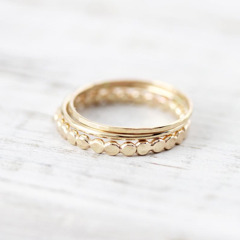 Set of 3 textured rings - Large flattened beads, fine smooth, extra-fine hammered