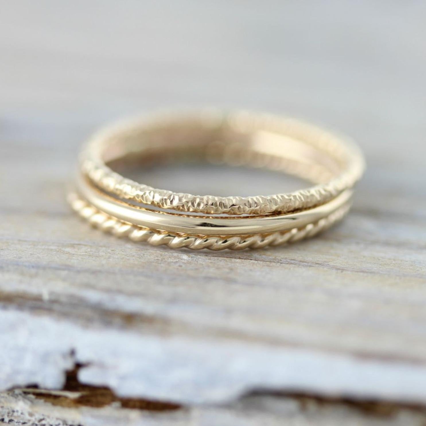 Set of 3 Textured Rings - Twisted, Smooth and Crinkled